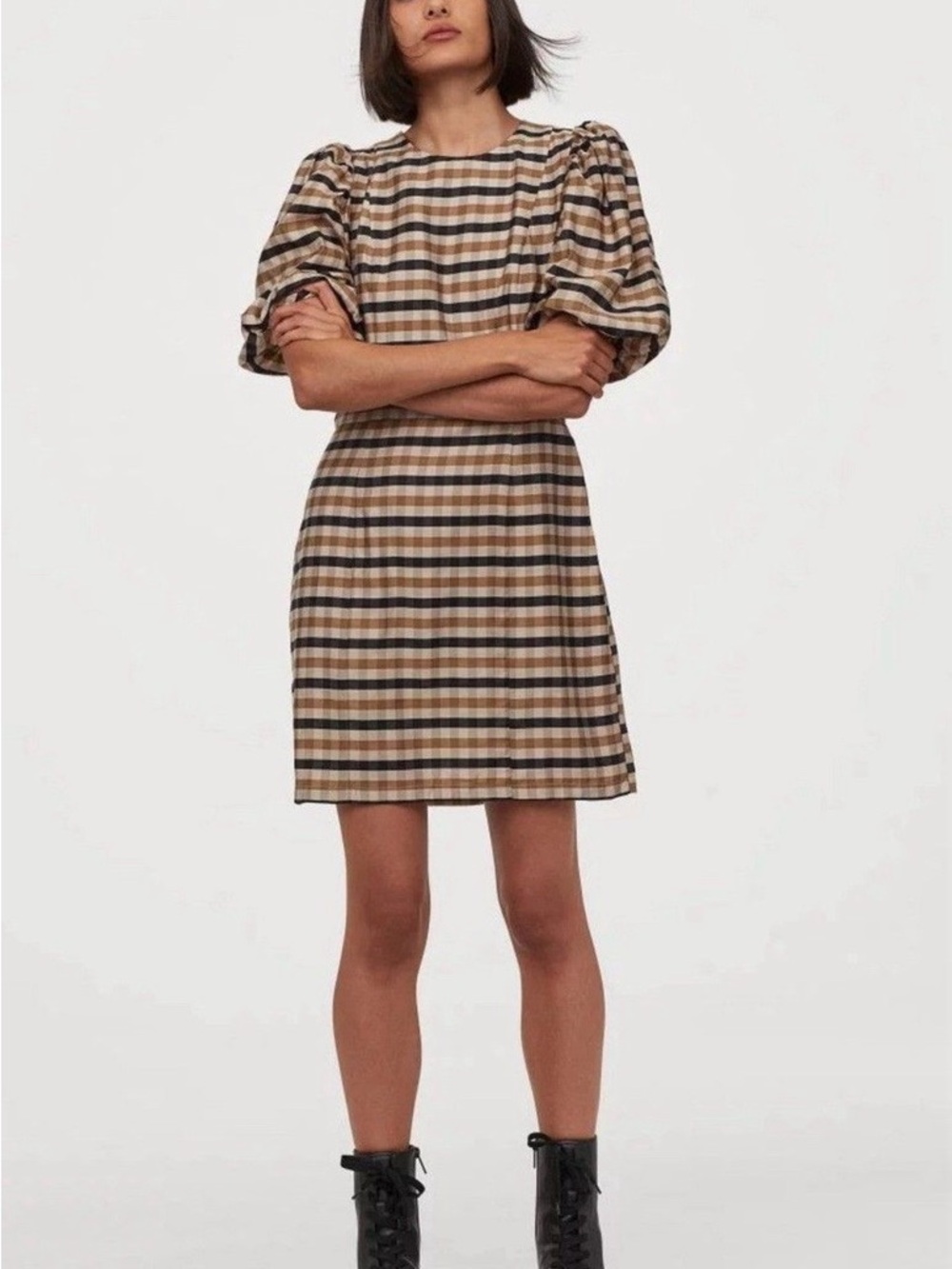 H&M Plaid Mini Dress in Beige and Black Check